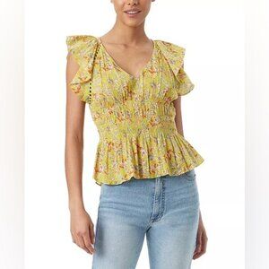 NWT Sam Edelman Nyra Cotton Flutter-Sleeve Top Blouse Peplum Waist Floral MEDIUM